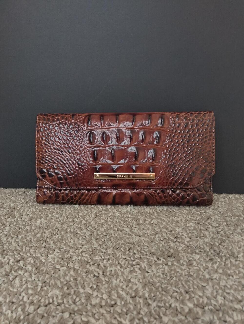 Brahim Cordelia Croc Embossed Wallet Leather Trifold - Pecan Melbourne